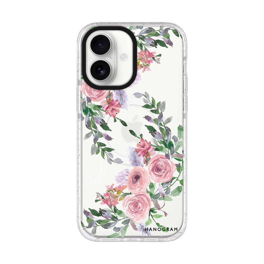 Lucy Watercolor Rose personalized name iPhone 17 ultra clear MagSafe case, front product view