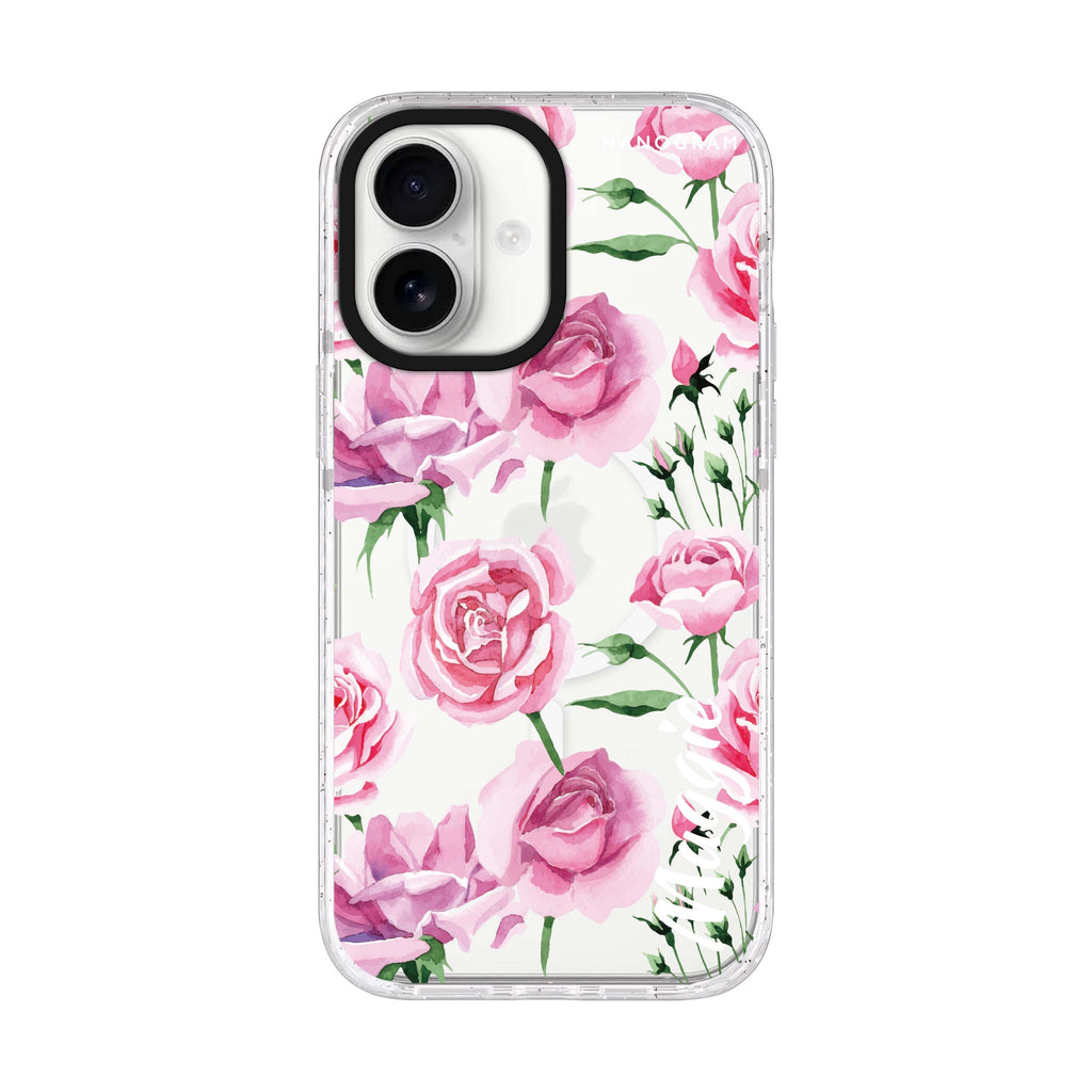 Pink Rose personalized name iPhone 17 ultra clear MagSafe case, front product view
