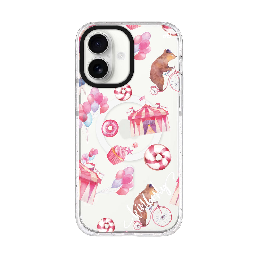 Red Circus personalized name iPhone 17 ultra clear MagSafe case, front product view