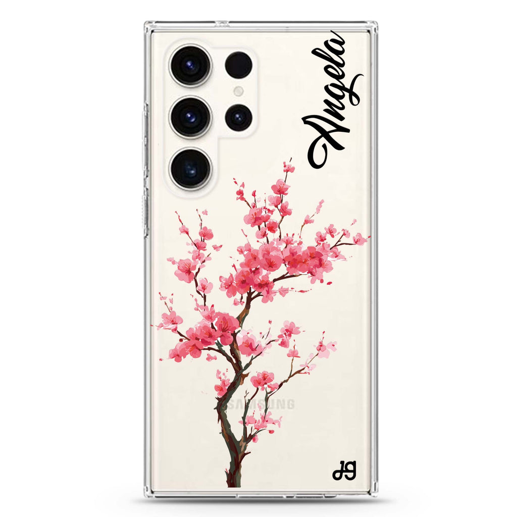 Pink Sakura personalized name Samsung Galaxy S26/S25/S24/S23/S22 Ultra ultra clear case, transparent design, main view