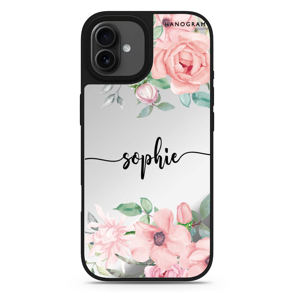 Forever Love Rose personalized name floral heart iPhone 17 mirror case
