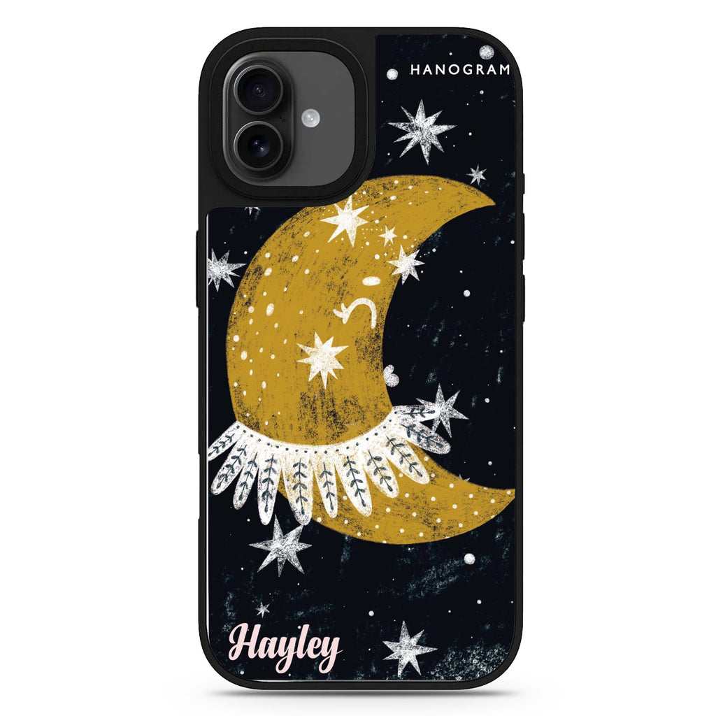 Cute Half Moon personalized name celestial design iPhone 17 mirror case