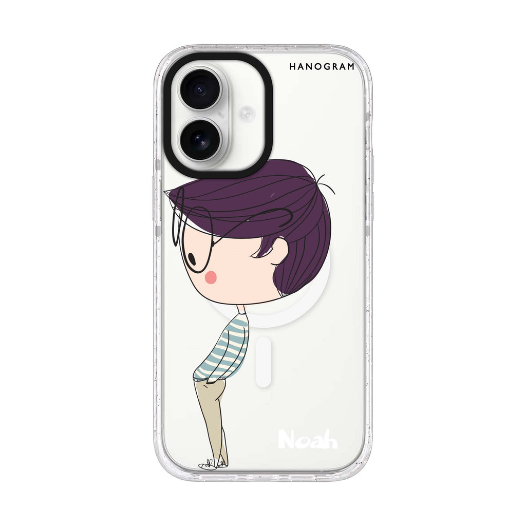 Boy kissing personalized name iPhone 17 ultra clear MagSafe case, front product view