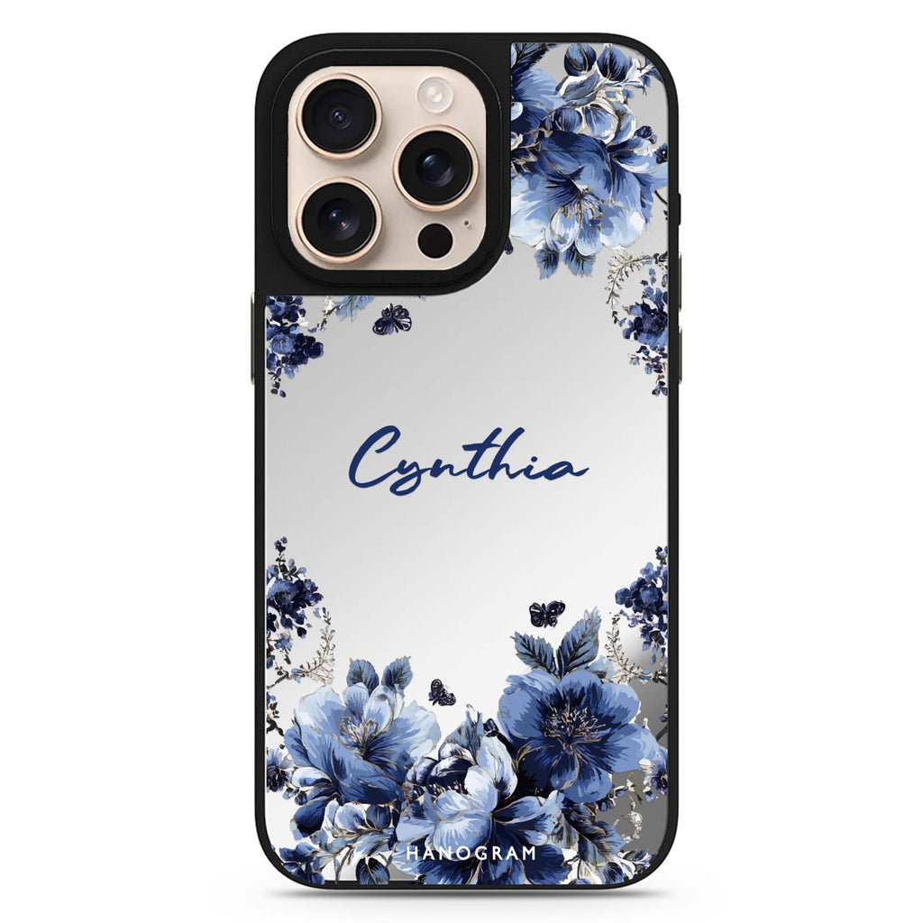 Blue Blossom Frame personalized name floral design iPhone 16/15/14 Pro Max & Pro mirror case