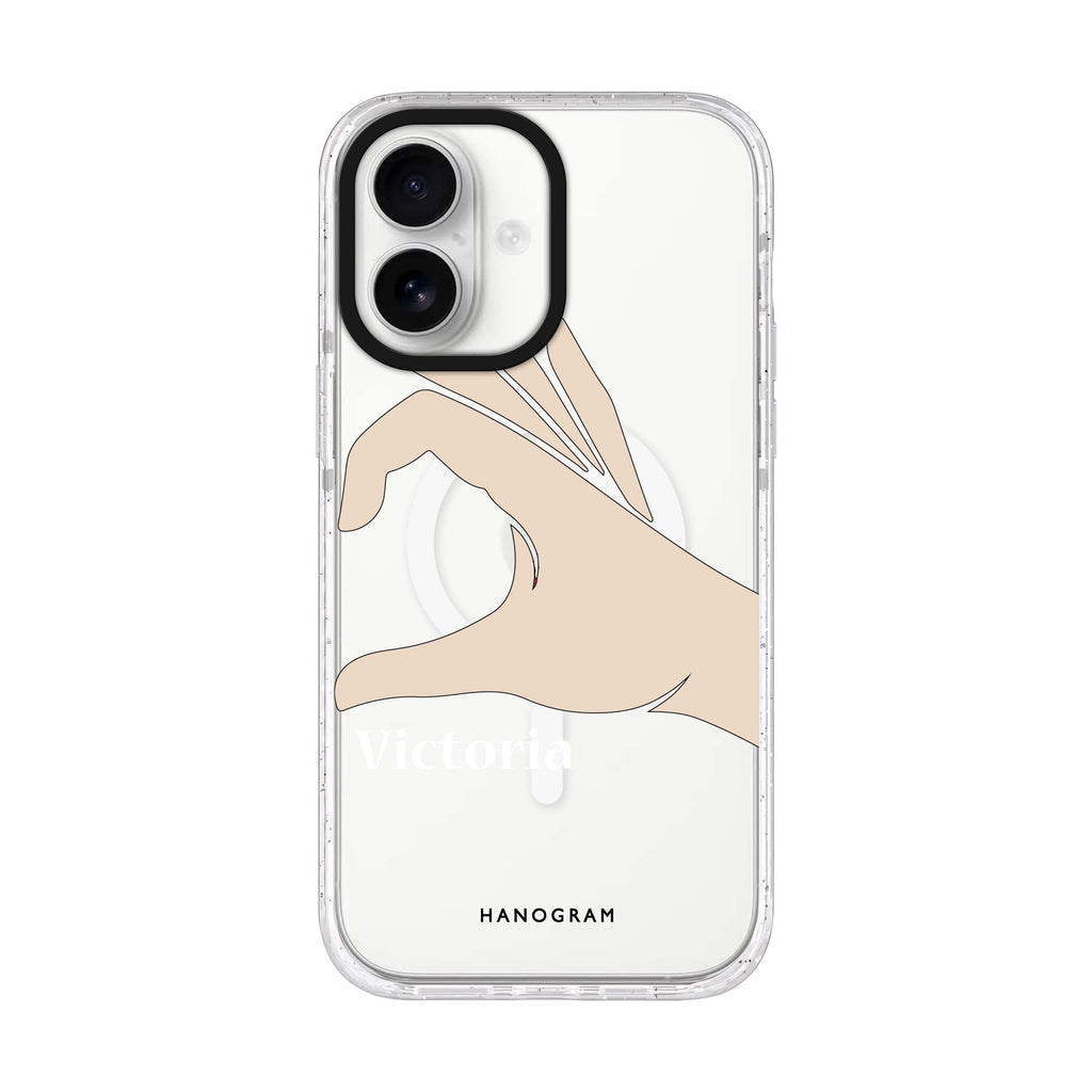 Right Hand heart personalized name iPhone 17 ultra clear MagSafe case, front product view