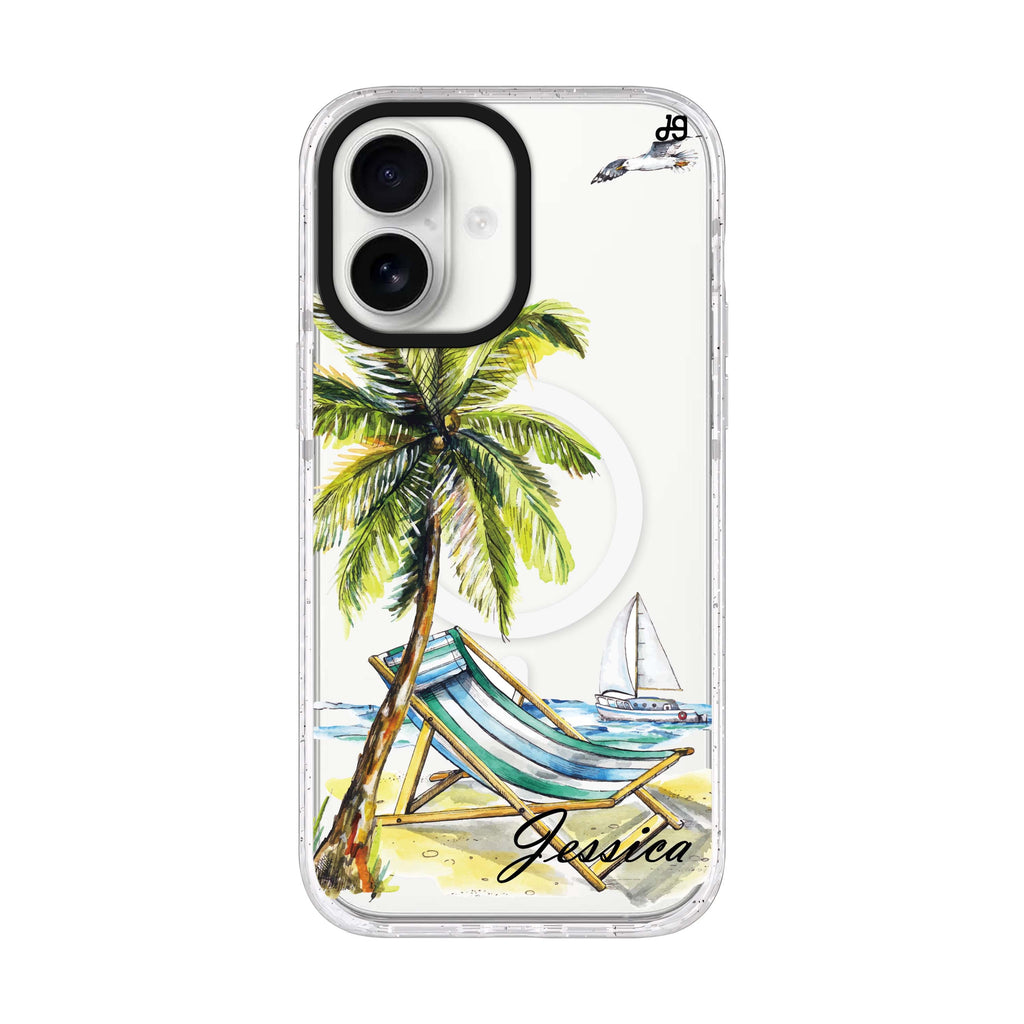 Summer on the beach personalized name iPhone 17 ultra clear MagSafe case, front product view