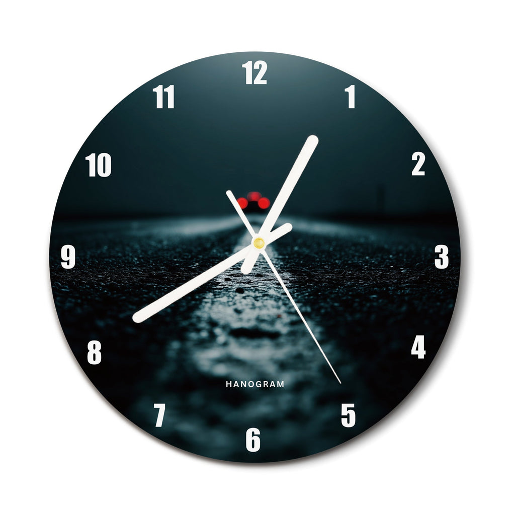 Midnight Drive premium glass wall clock, city travel home decor clock, main view