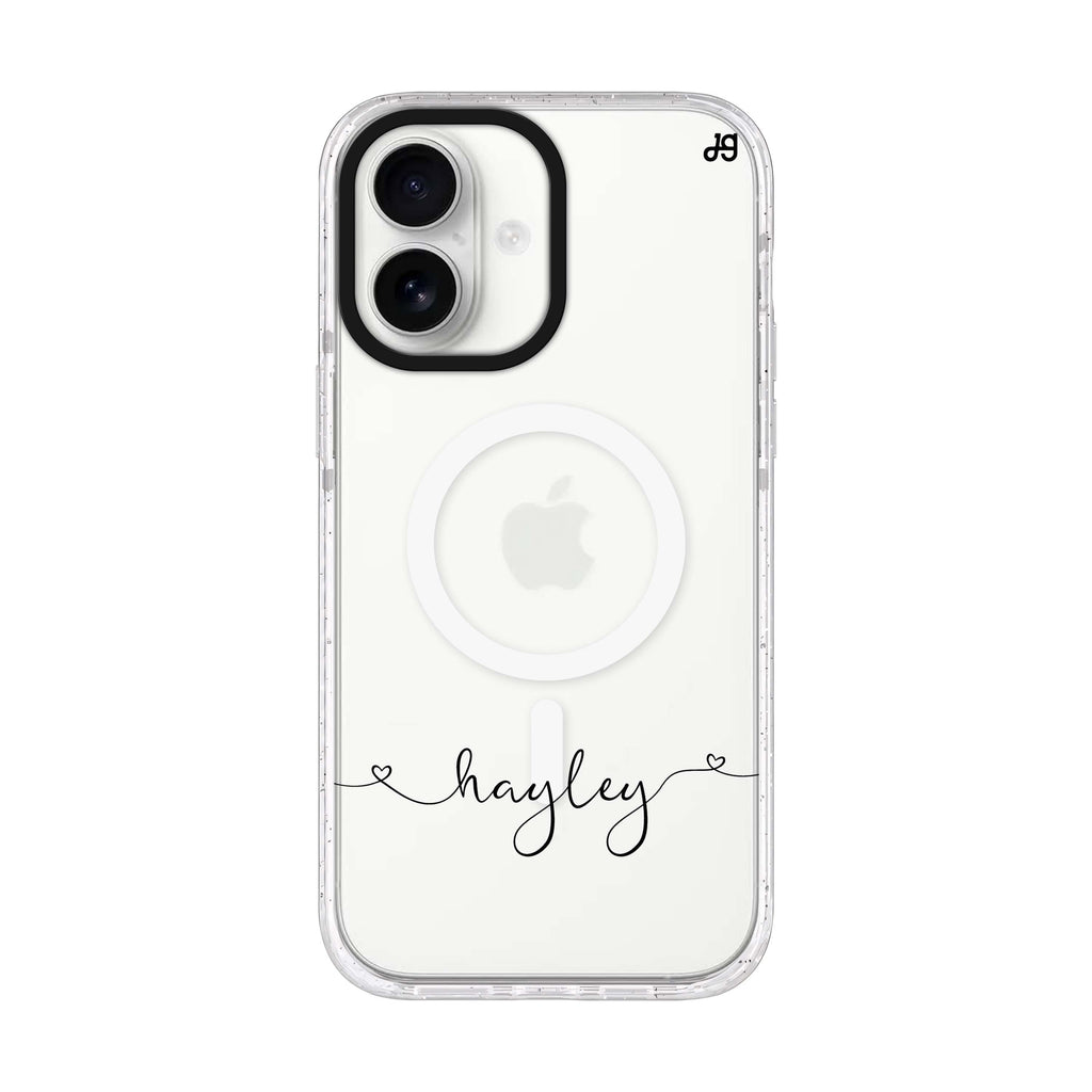 Loving Heart II personalized name iPhone 17 ultra clear MagSafe case, front product view