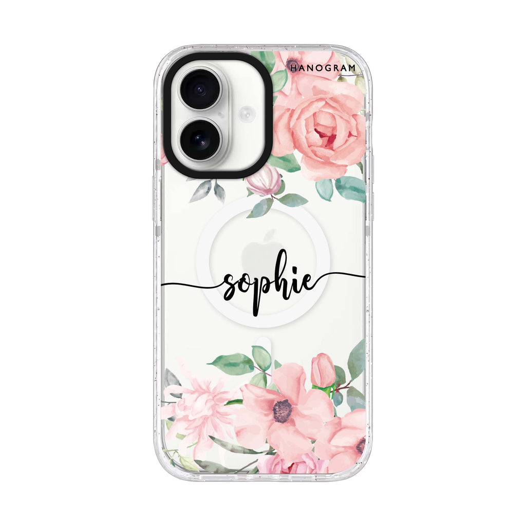 Forever Love Rose personalized name iPhone 17 ultra clear MagSafe case, front product view