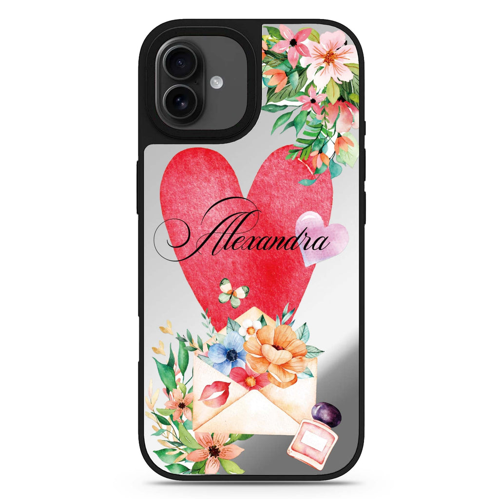 Floral Love Letter personalized name heart typography iPhone 17 mirror case