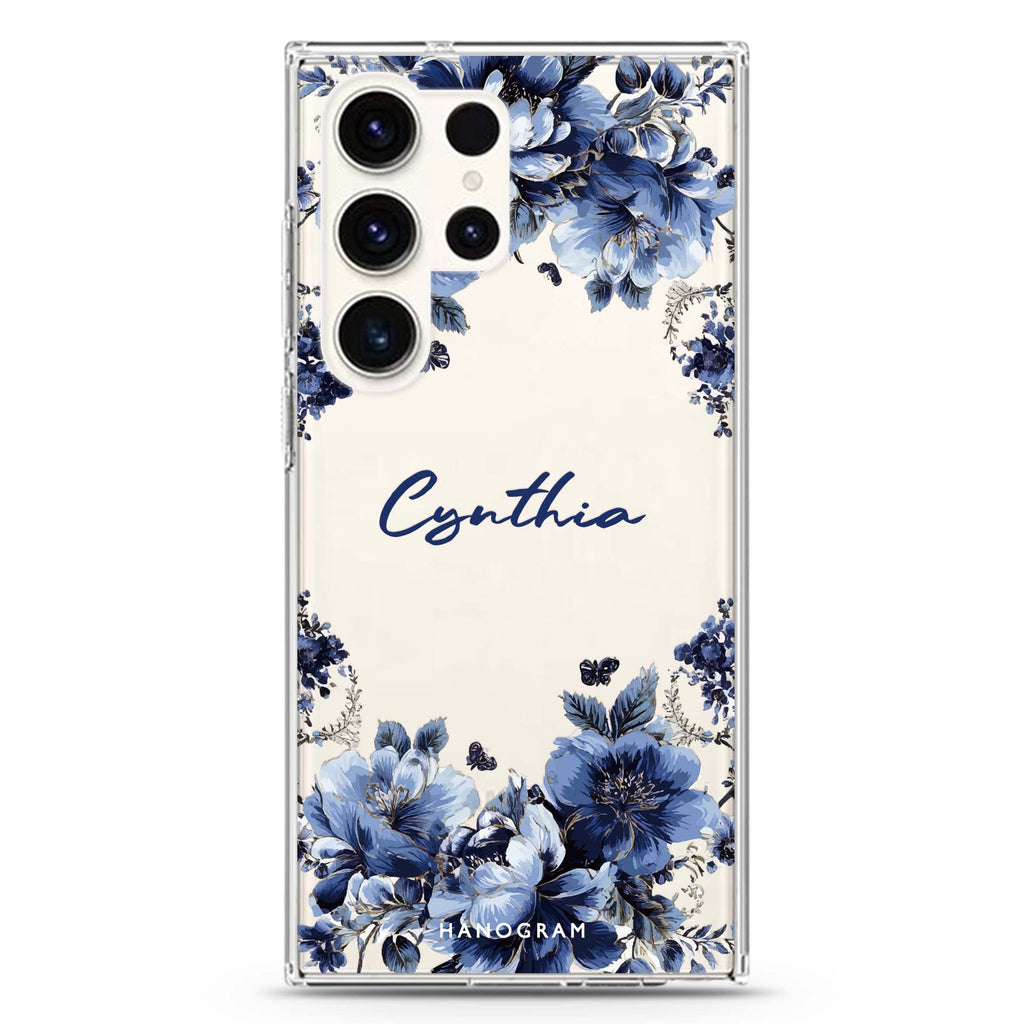 Blue Blossom Frame personalized name Samsung Galaxy S26/S25/S24/S23/S22 Ultra ultra clear case, transparent design, main view