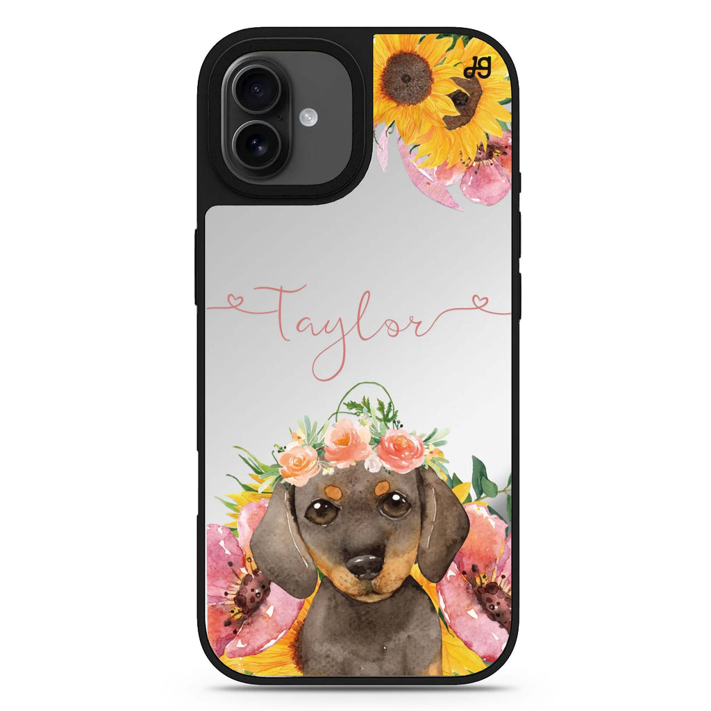 Sunflower Puppy personalized name floral dog iPhone 17 mirror case