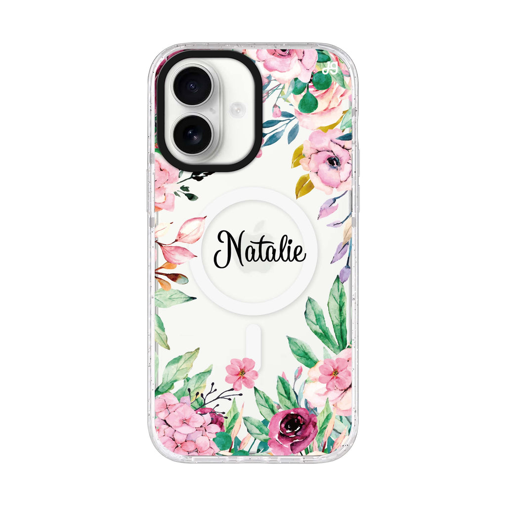 Floral Dream II personalized name iPhone 17 ultra clear MagSafe case, front product view