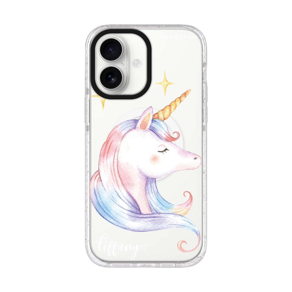 Wonderful Unicorn personalized name iPhone 17 ultra clear MagSafe case, front product view