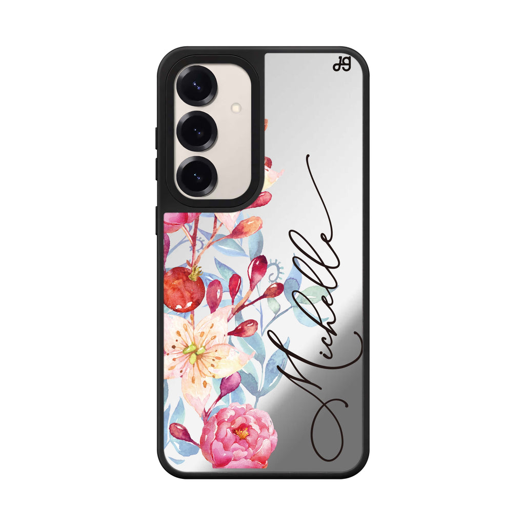 Custom name Pink Watercolor Floral Bouquet Samsung Galaxy mirror case front view