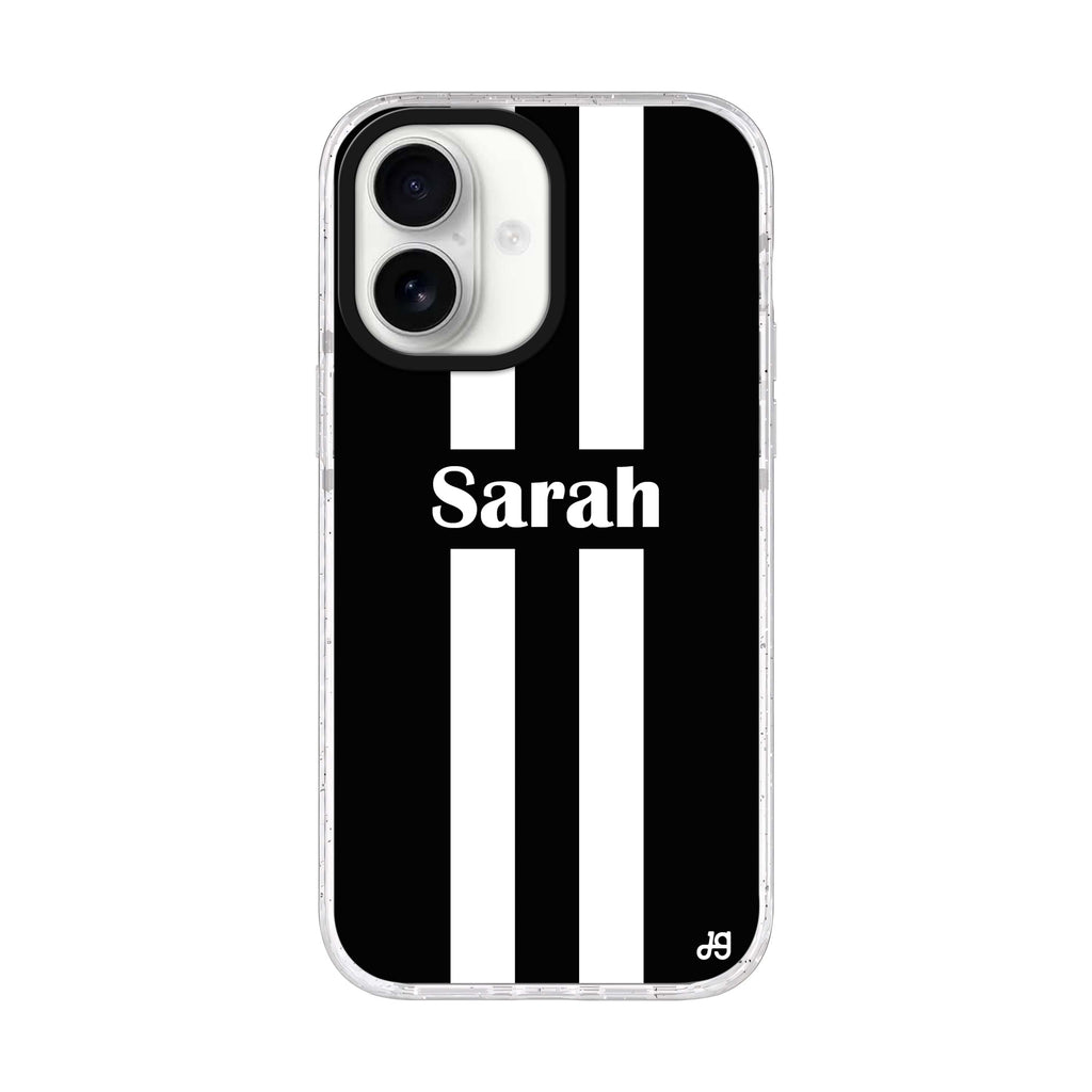 Black and white Stripes personalized name iPhone 17 ultra clear MagSafe case, front product view
