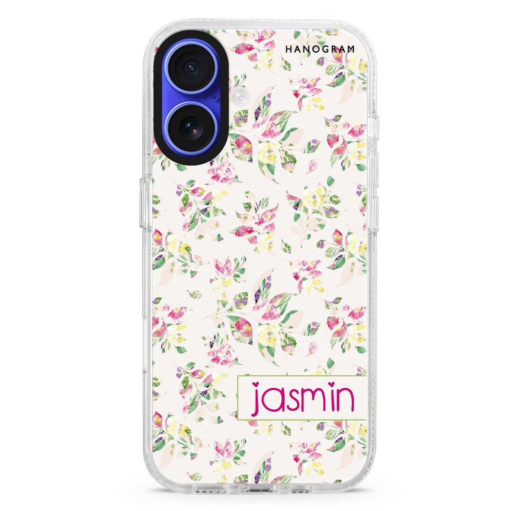 Floral Rain custom name iPhone 16 and 16 Plus ultra clear case, transparent floral artwork, front product view