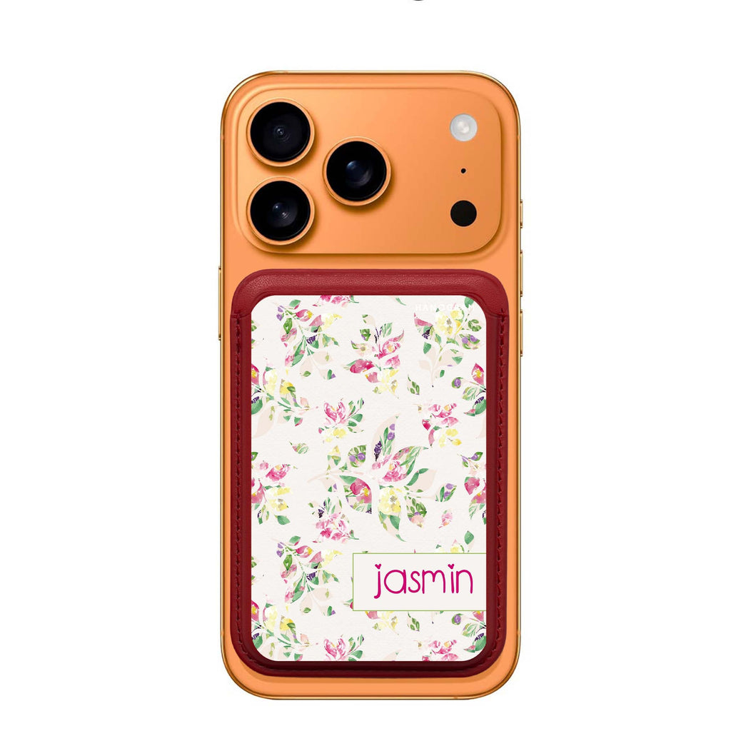 Floral Rain custom name MagSafe wallet for iPhone, personalized magnetic card holder, main view
