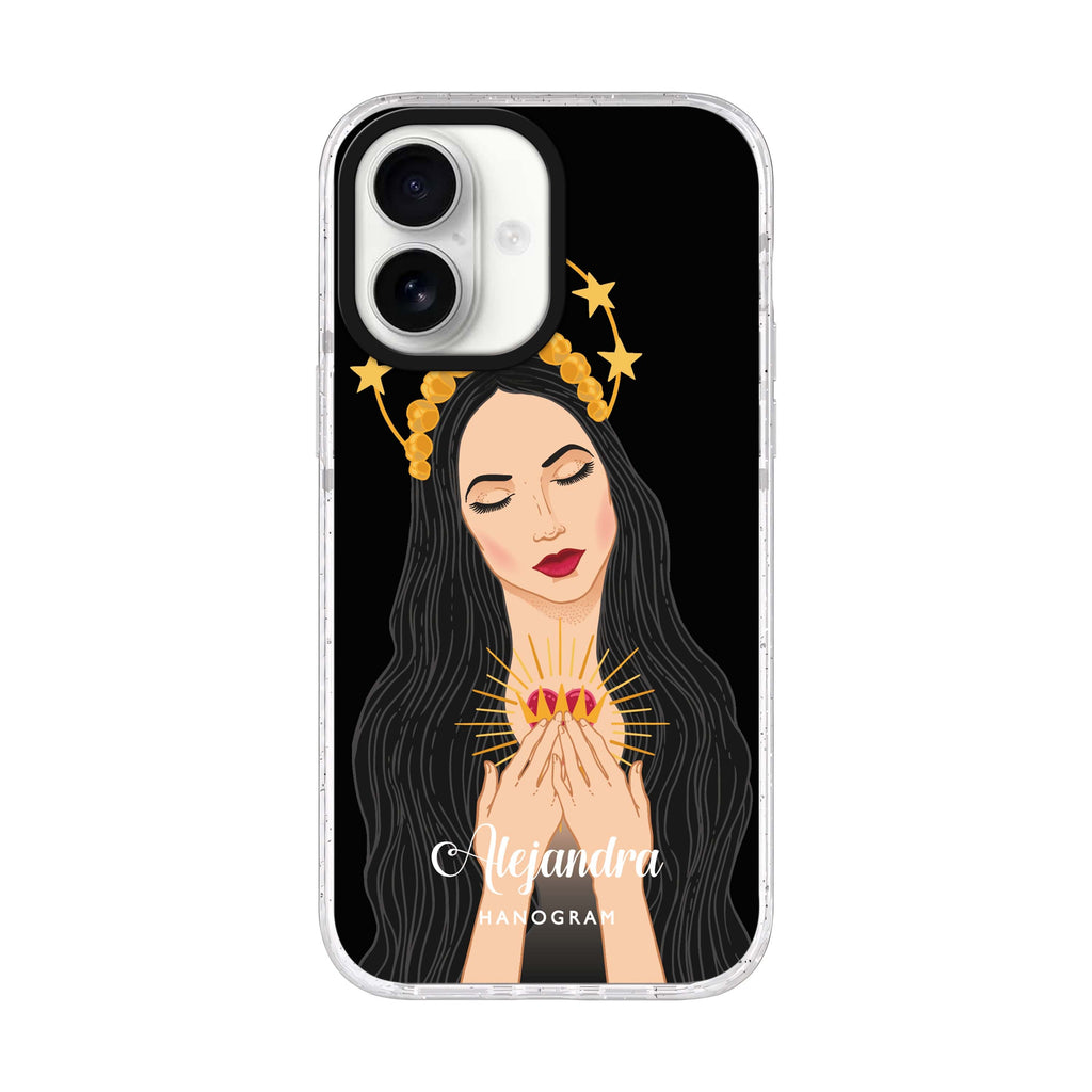 The Virgin Mary personalized name iPhone 17 ultra clear MagSafe case, front product view