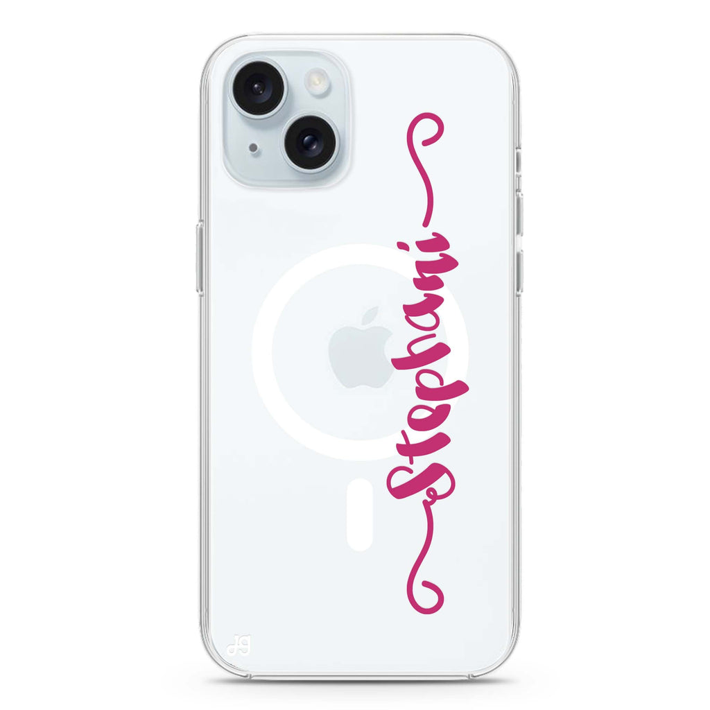 Casual Vertical Name iPhone 15 Plus MagSafe Compatible Ultra Clear Case