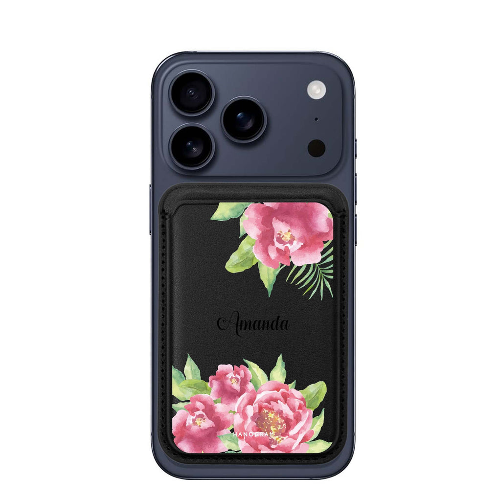 Watercolor Paeonia custom name MagSafe wallet for iPhone, personalized magnetic card holder, main view