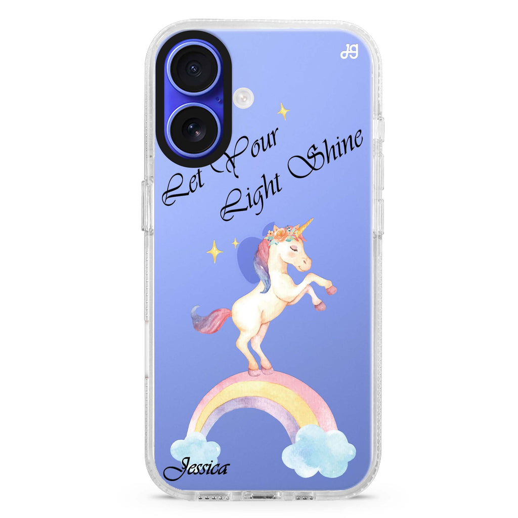 Rainbow Unicorn custom name iPhone 16 and 16 Plus ultra clear case, transparent celestial artwork, front product view