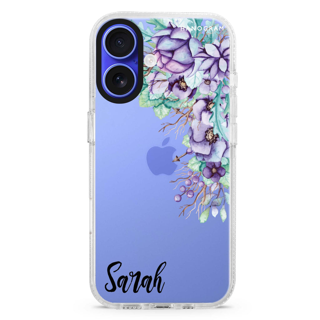 Purple Floral custom name iPhone 16 and 16 Plus ultra clear case, transparent floral artwork, front product view