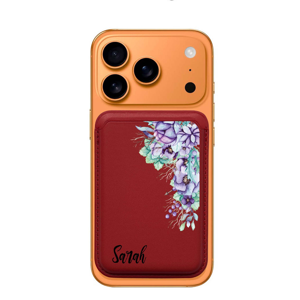 Purple Floral custom name MagSafe wallet for iPhone, personalized magnetic card holder, main view