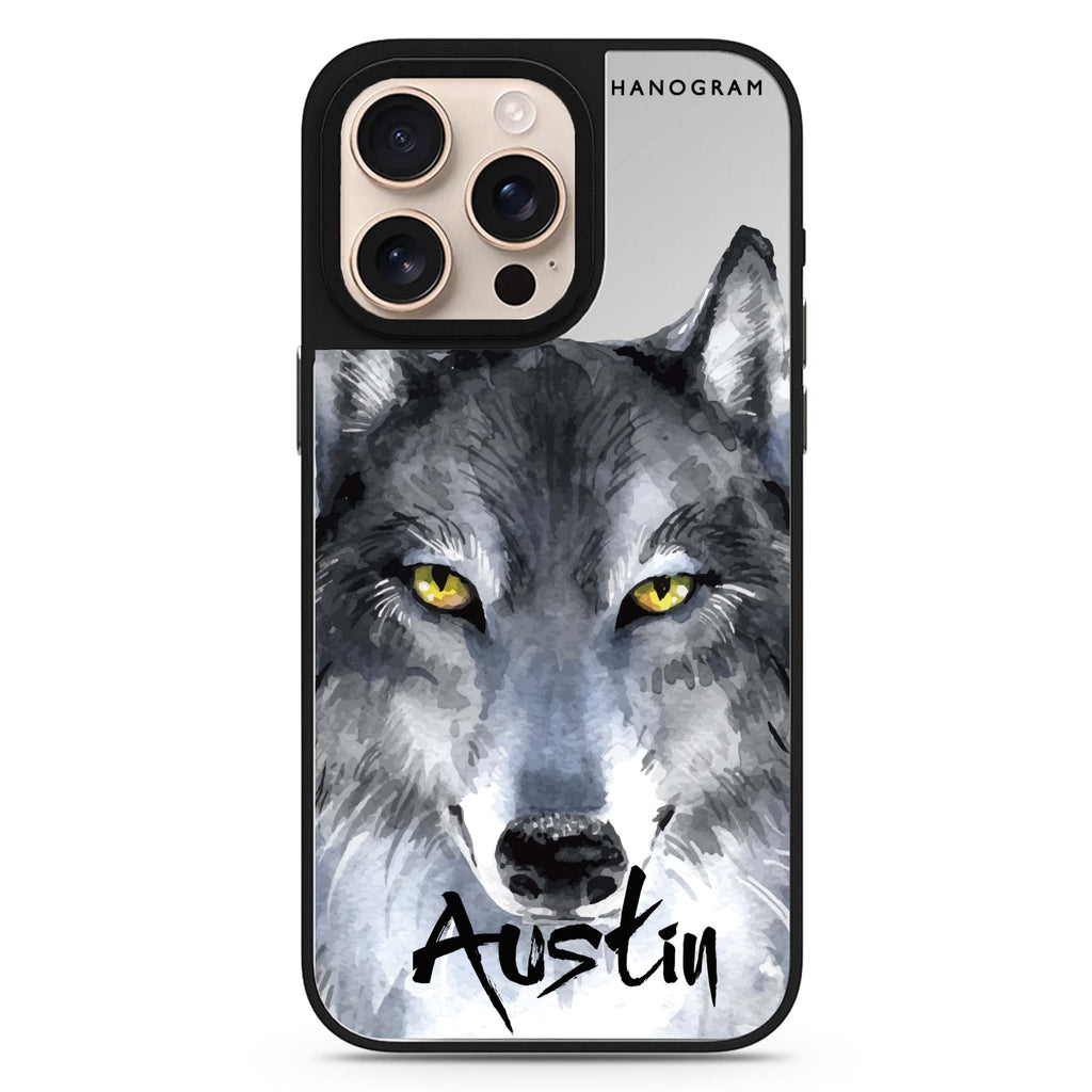 Snow Wolf personalized name sleek reflective design iPhone 16/15/14 Pro Max & Pro mirror case