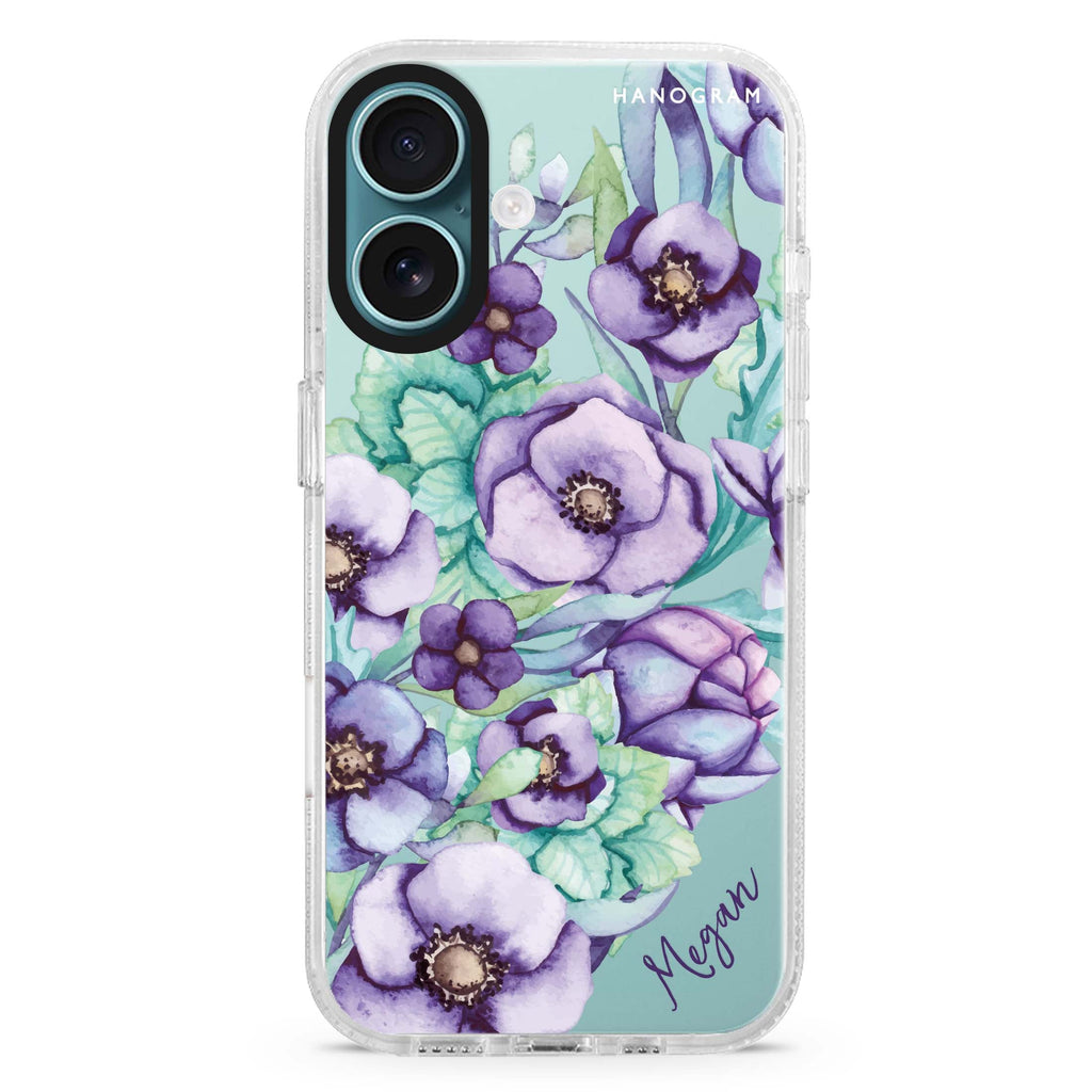 Purple Floral II custom name iPhone 16 and 16 Plus ultra clear case, transparent floral artwork, front product view