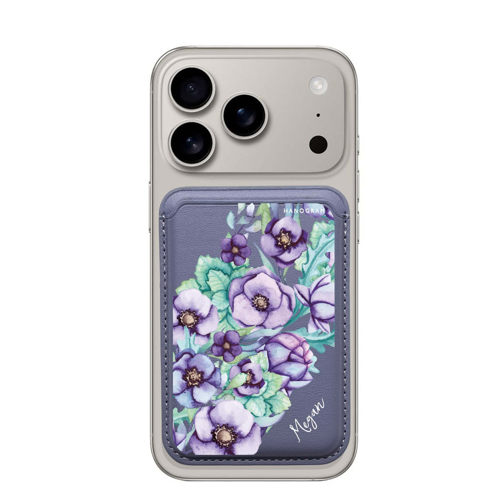 Purple Floral II custom name MagSafe wallet for iPhone, personalized magnetic card holder, main view