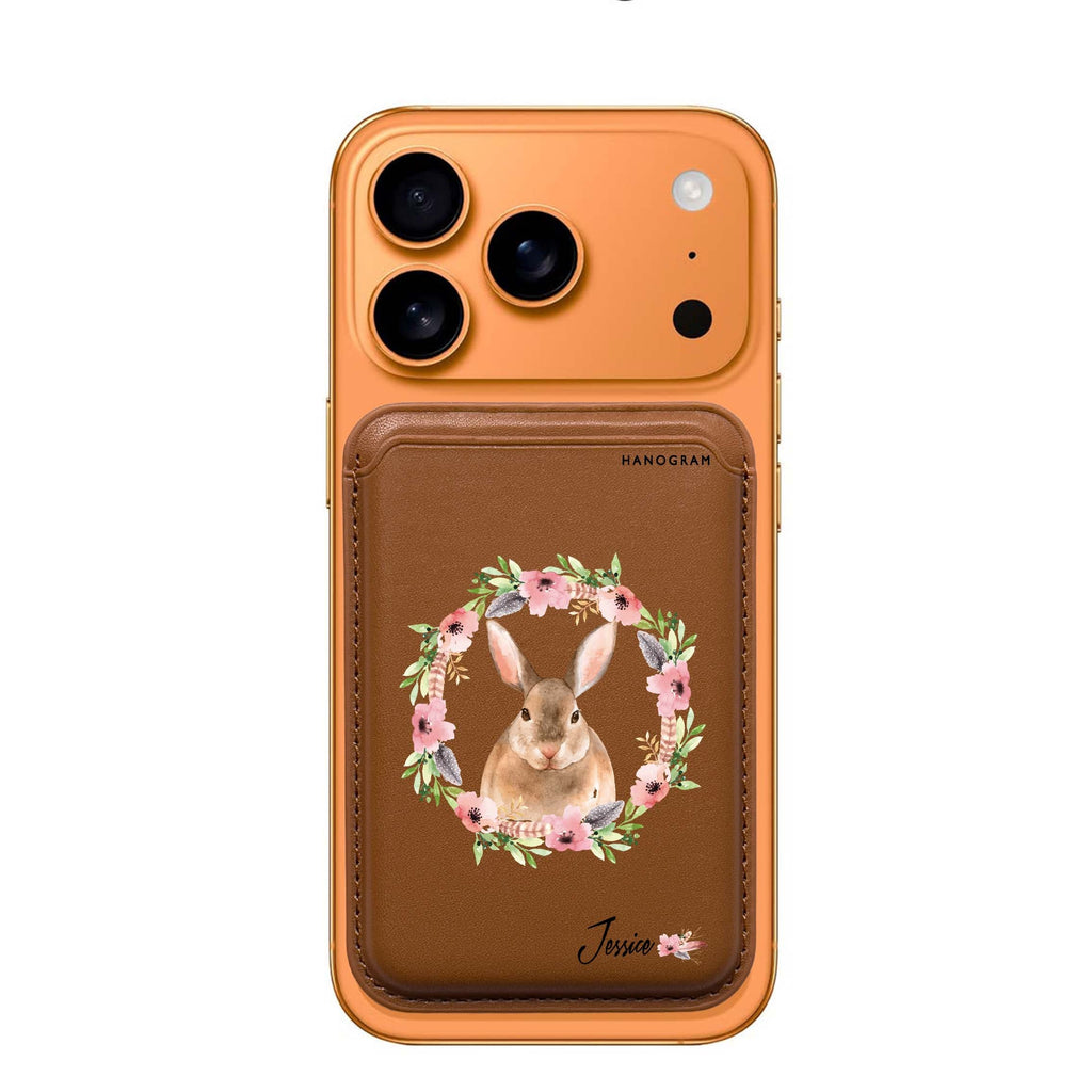 Floral Rabbit custom name MagSafe wallet for iPhone, personalized magnetic card holder, main view