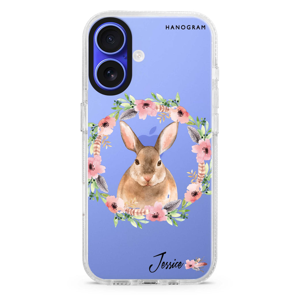 Floral Rabbit custom name iPhone 16 and 16 Plus ultra clear case, transparent floral artwork, front product view