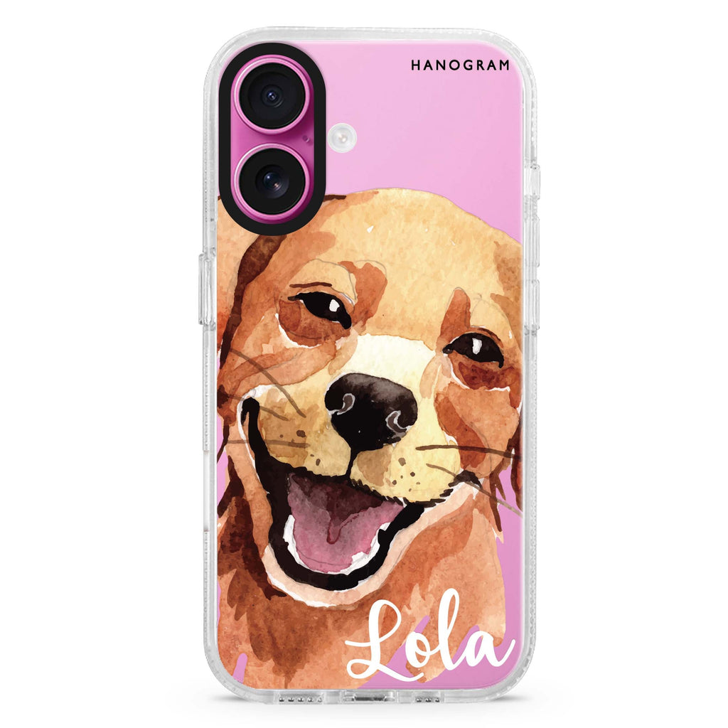 Golden Retriever custom name iPhone 16 and 16 Plus ultra clear case, transparent dog artwork, front product view