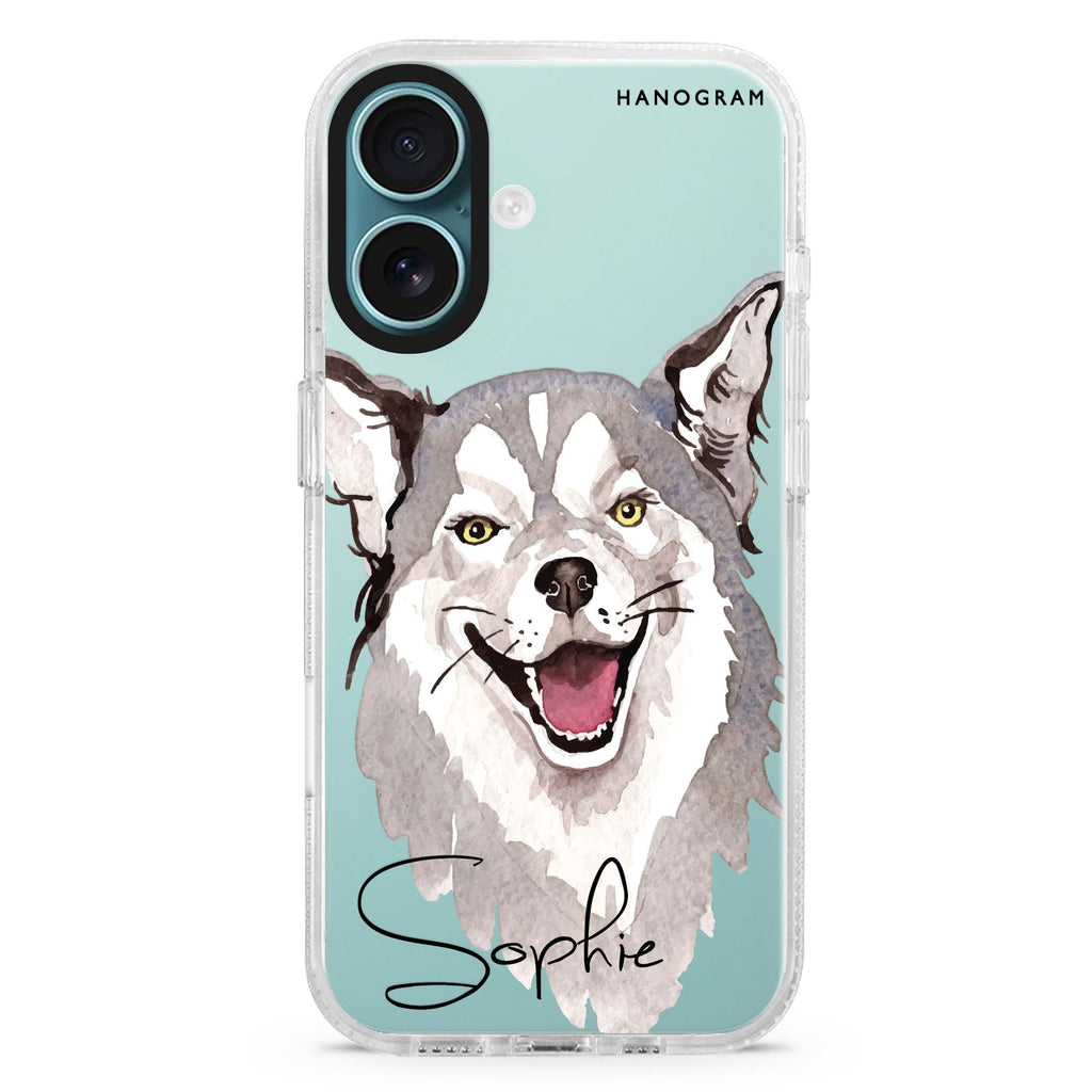 Border Collie custom name iPhone 16 and 16 Plus ultra clear case, transparent graphic artwork, front product view