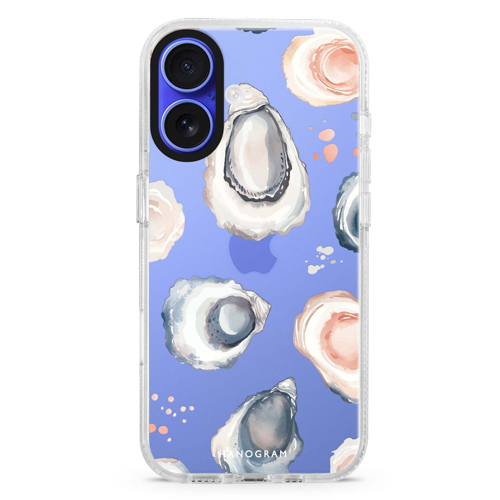 Oyster Whisper iPhone 16 and 16 Plus ultra clear case, transparent graphic artwork, front product view