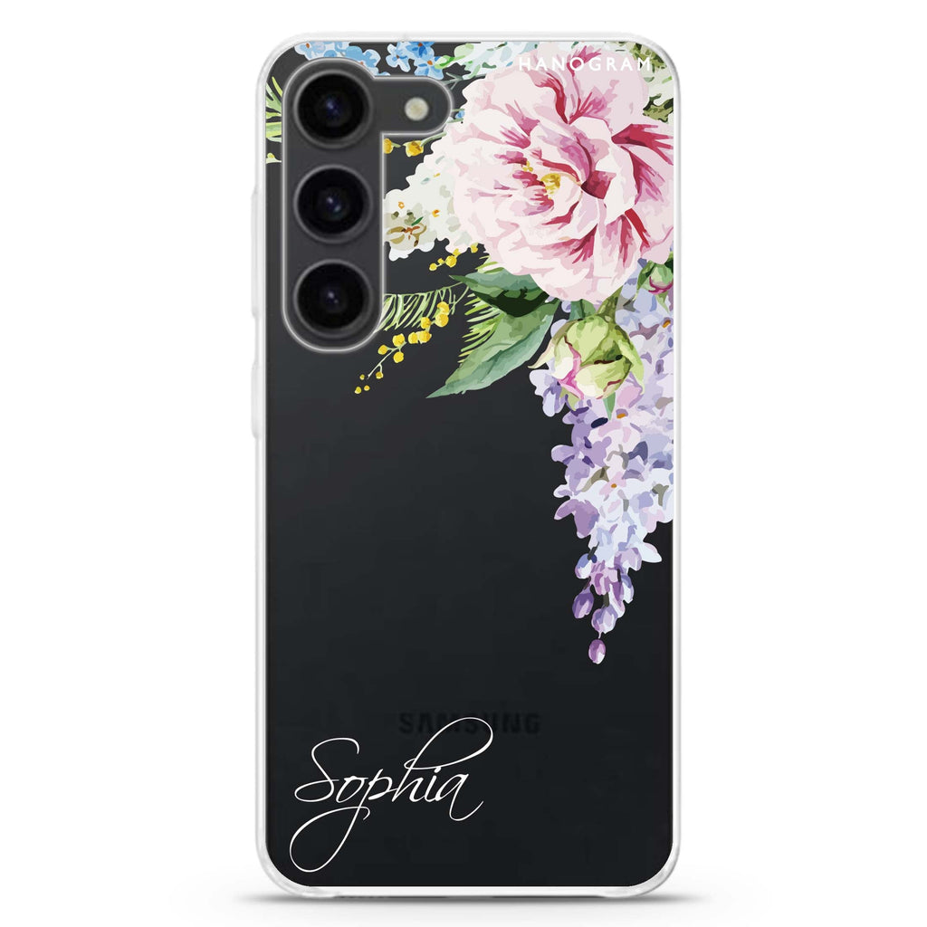 Tropical Floral II personalized ultra-clear case for Samsung Galaxy S23/S22, front view