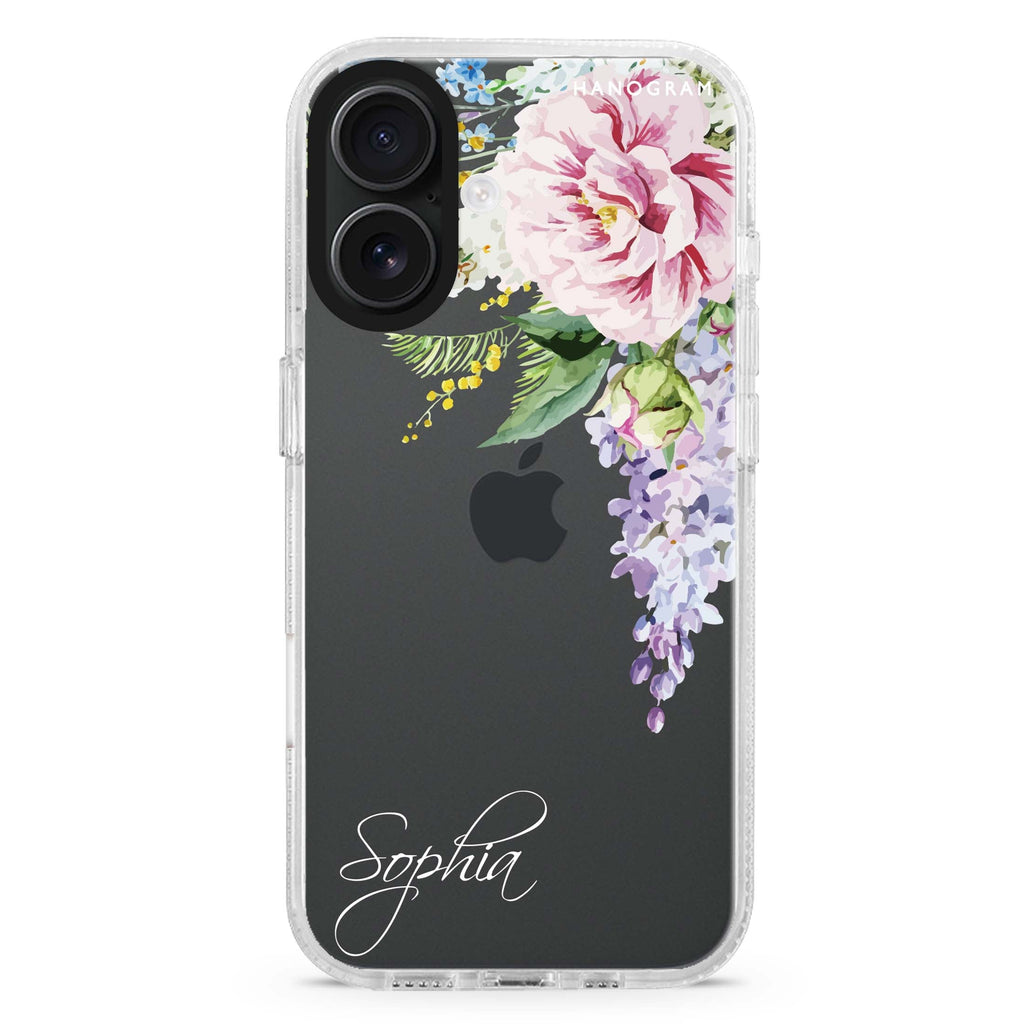 Tropical Floral II custom name iPhone 16 and 16 Plus ultra clear case, transparent floral artwork, front product view