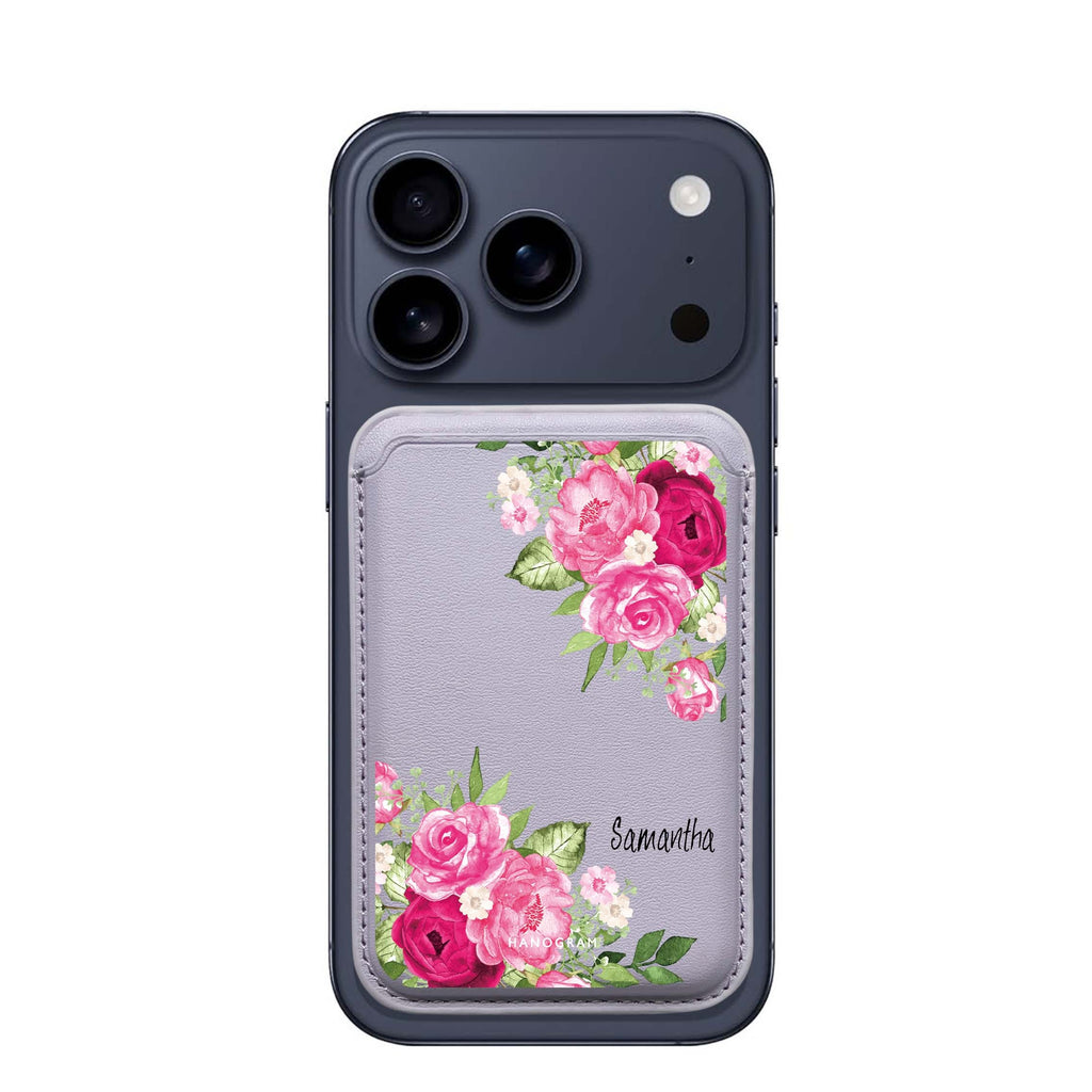 Watercolor Rose custom name MagSafe wallet for iPhone, personalized magnetic card holder, main view