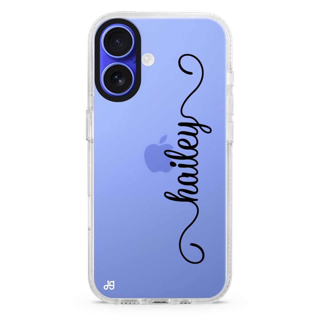 Vertical Cursive Handwritten custom name iPhone 16 and 16 Plus ultra clear case, transparent name artwork, front product view