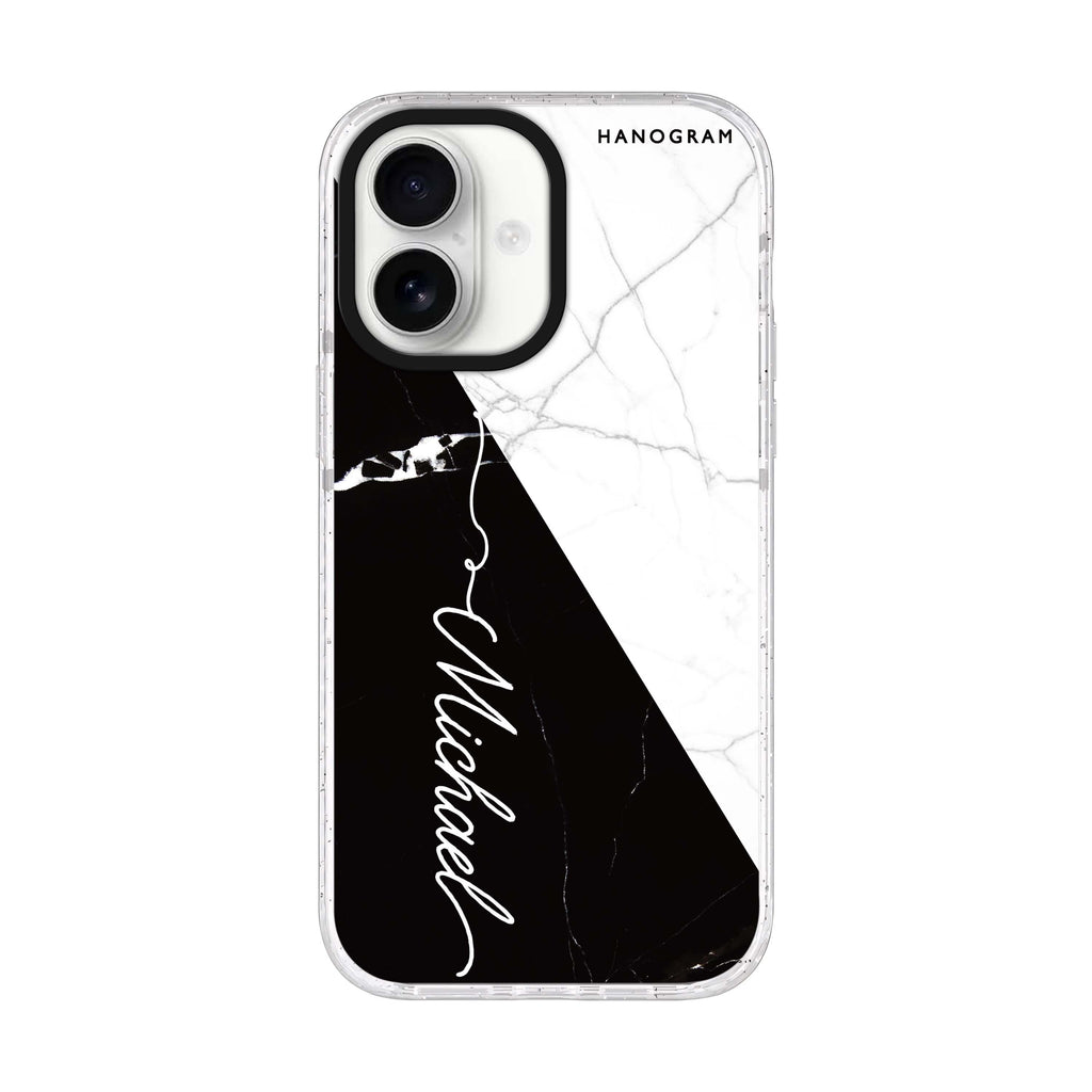 White And Black Marble personalized name iPhone 17 ultra clear MagSafe case, front product view