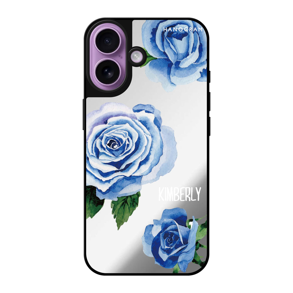 Reflective iPhone 16 Mirror Case –Blue Rose Design