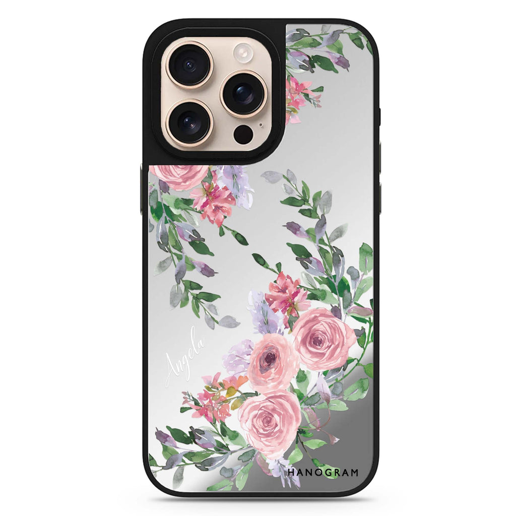 Lucy Watercolor Rose personalized name floral design iPhone 16/15/14 Pro Max & Pro mirror case