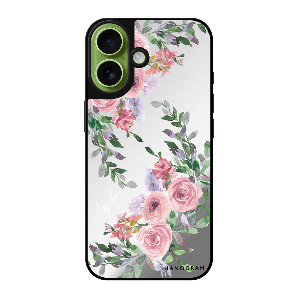 Reflective iPhone 16 Mirror Case –Lucy Watercolor Rose Design