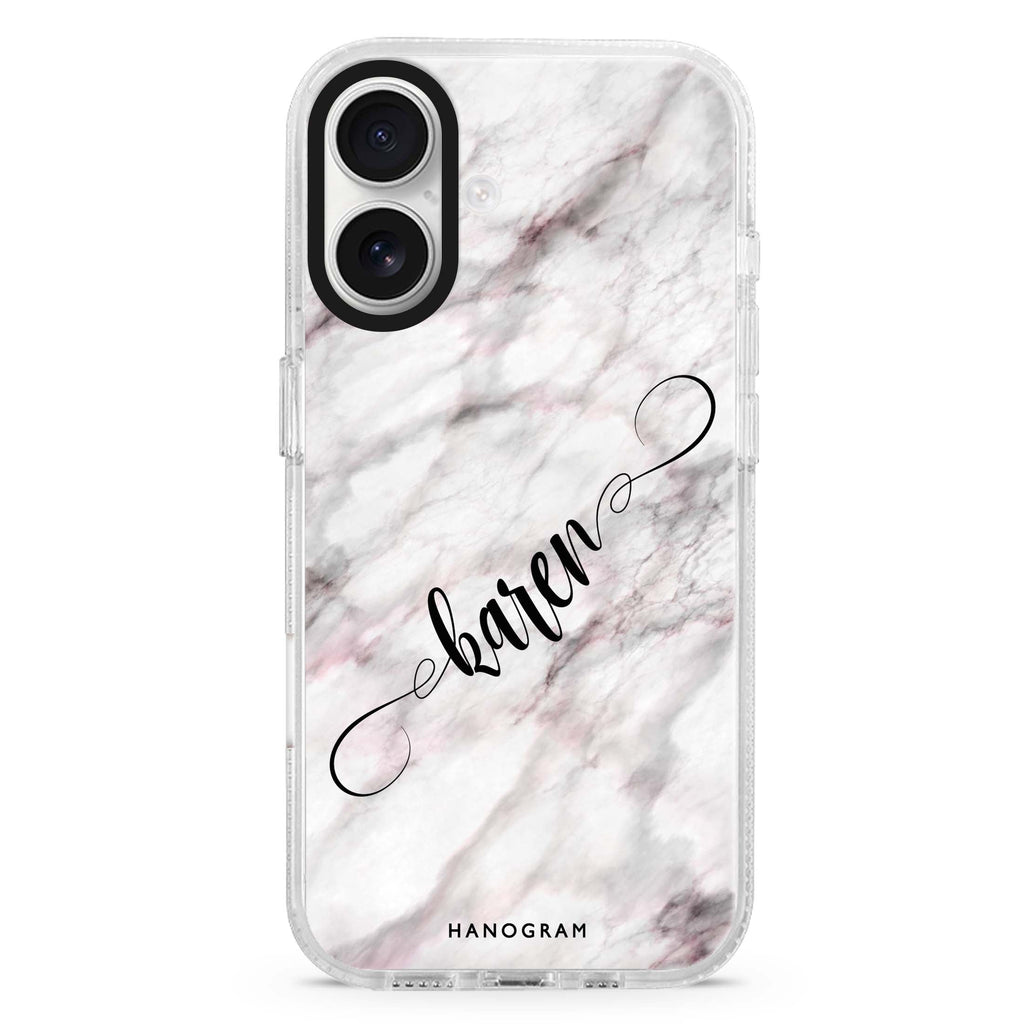 Cursive Name & Marble custom name iPhone 16 and 16 Plus ultra clear case, transparent name artwork, front product view