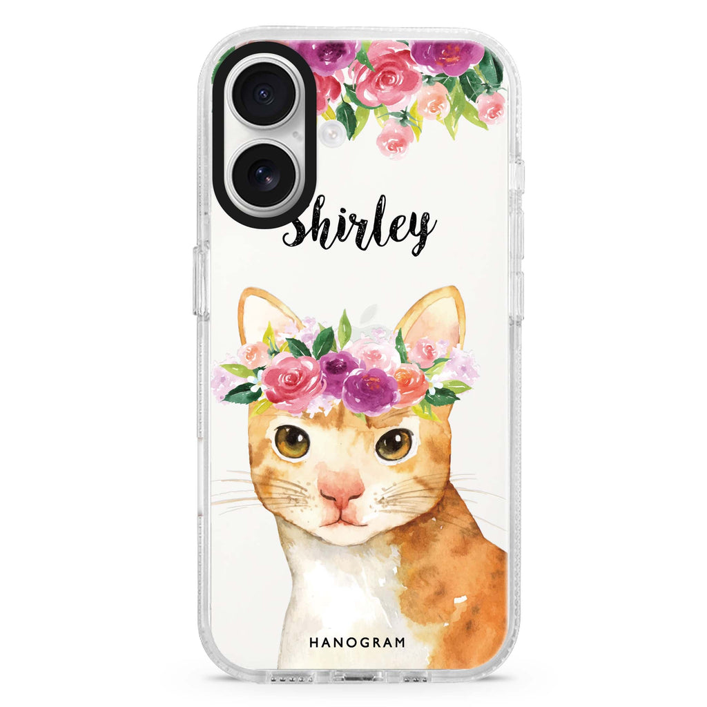 Floral and Cat custom name iPhone 16 and 16 Plus ultra clear case, transparent cat artwork, front product view