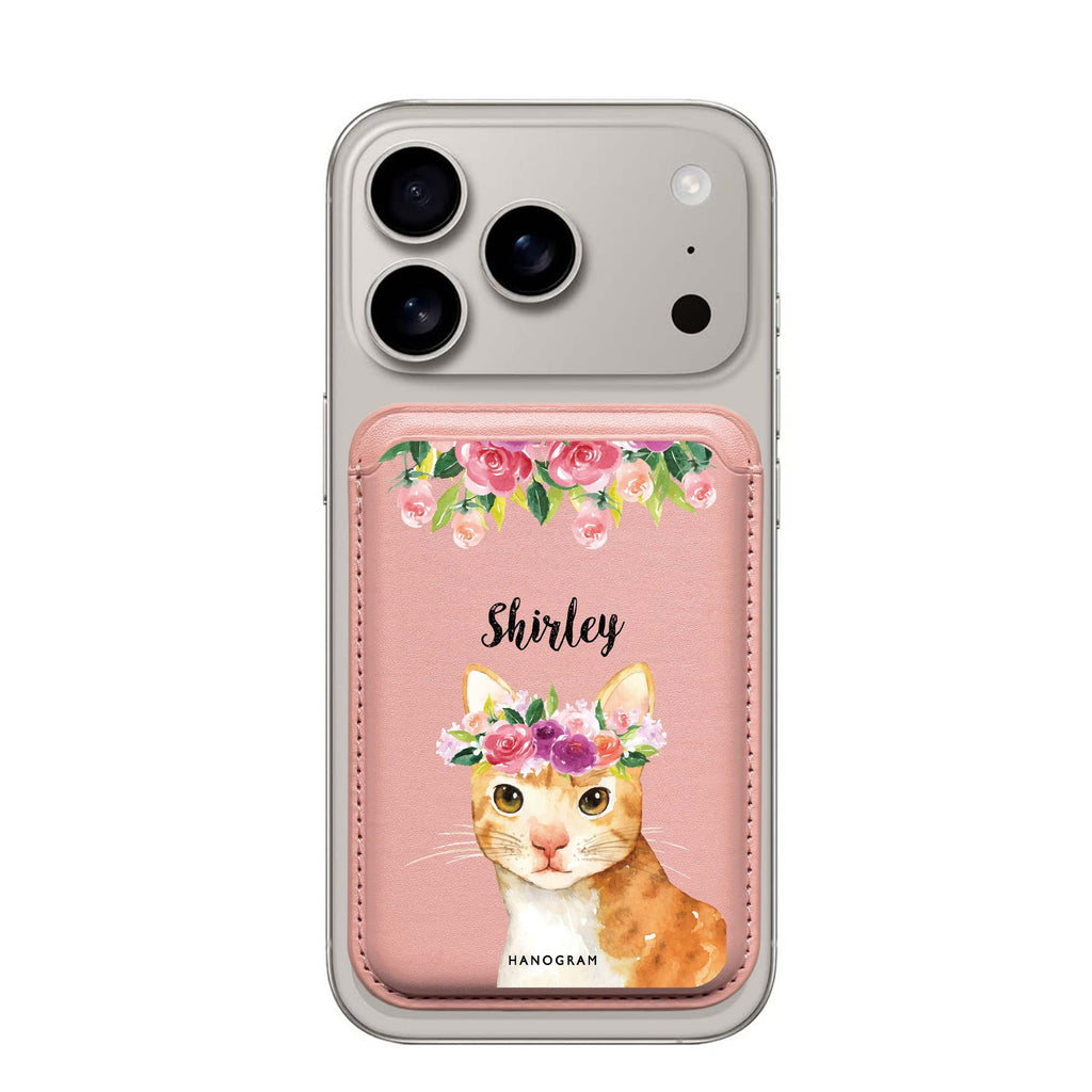 Floral and Cat custom name MagSafe wallet for iPhone, personalized magnetic card holder, main view