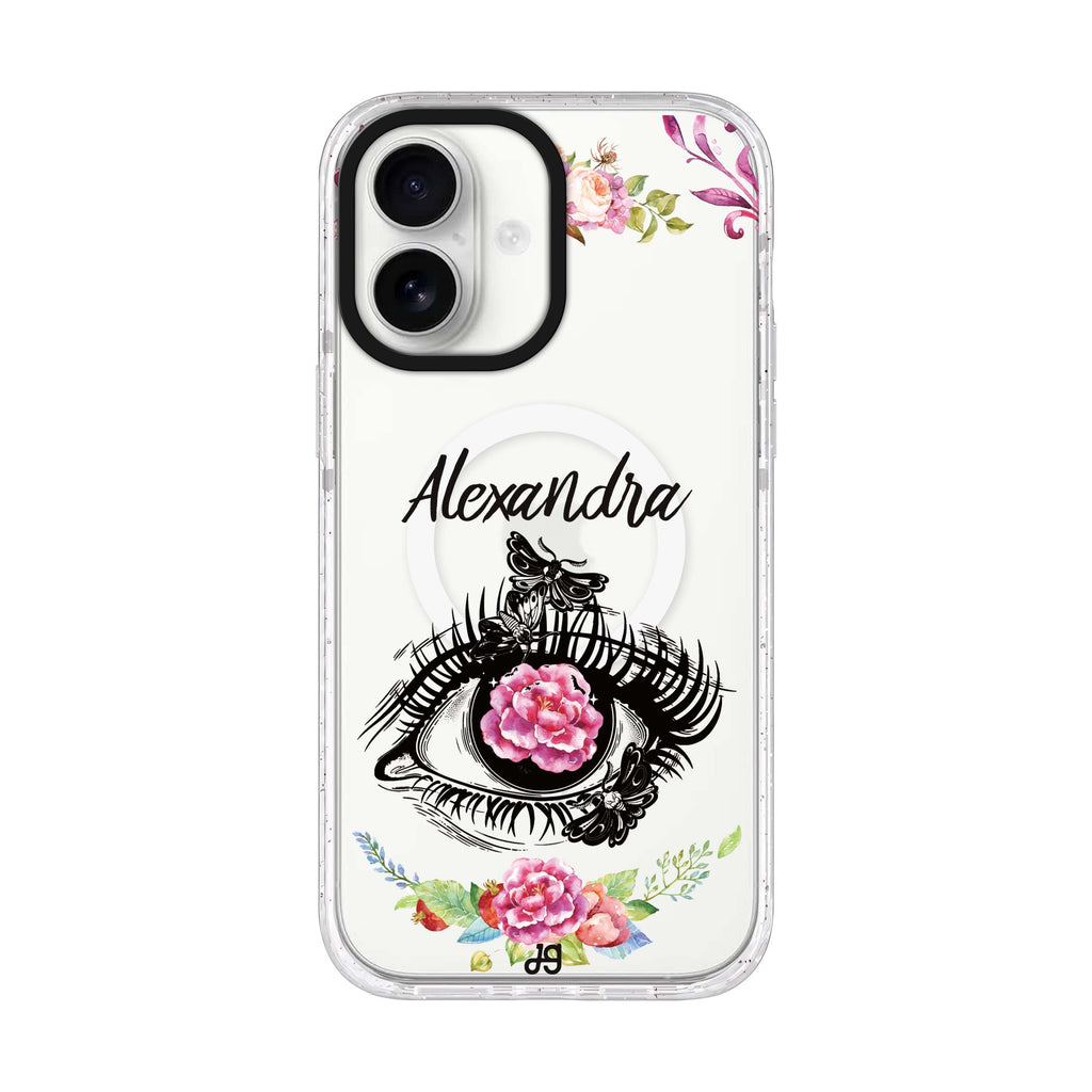 Flower in Eye personalized name iPhone 17 ultra clear MagSafe case, front product view