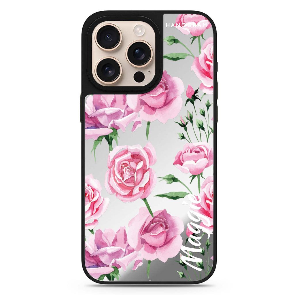 Pink Rose personalized name floral design iPhone 16/15/14 Pro Max & Pro mirror case