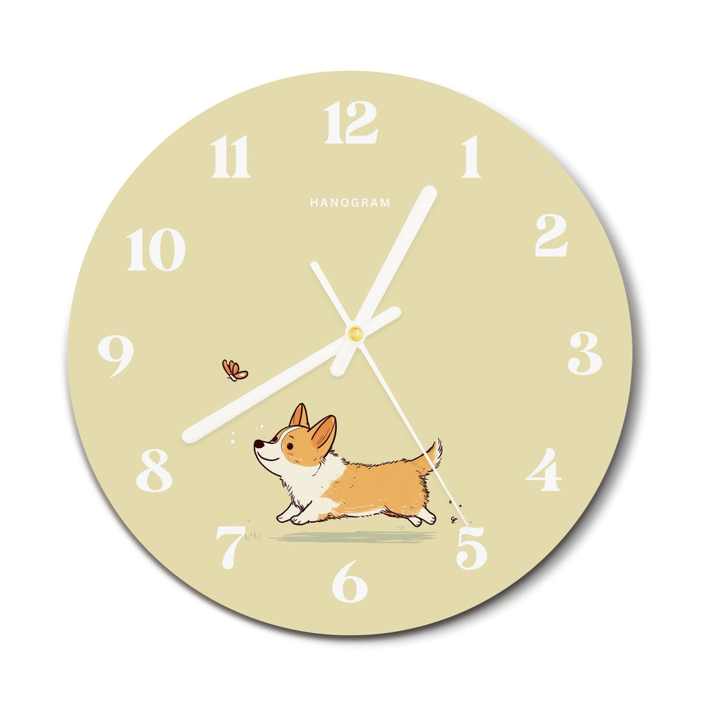 Butterfly Corgi premium glass wall clock, dog home decor clock, main view